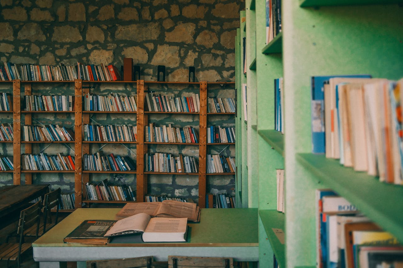 Inviting library room with wooden shelves and open books, creating a cozy reading atmosphere.